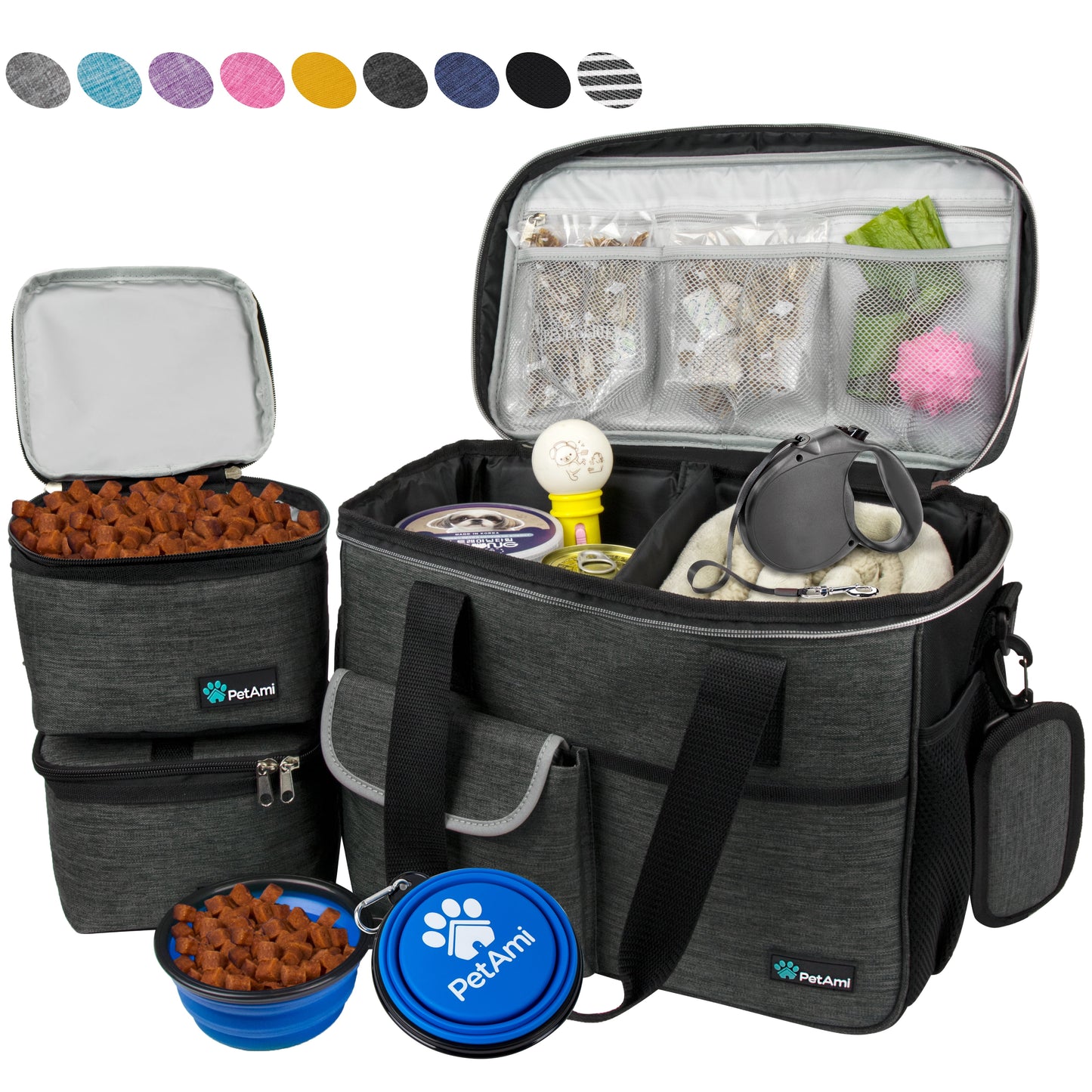 Petami Dog Travel Bag, Travel Pet Bag Organizer, Dog Food Travel Bag with Food Container and Bowls, Dog Travel Supplies Gift Accessories for Weekend Camping, Dog Cat Diaper Bag (Stripe Black, Large)