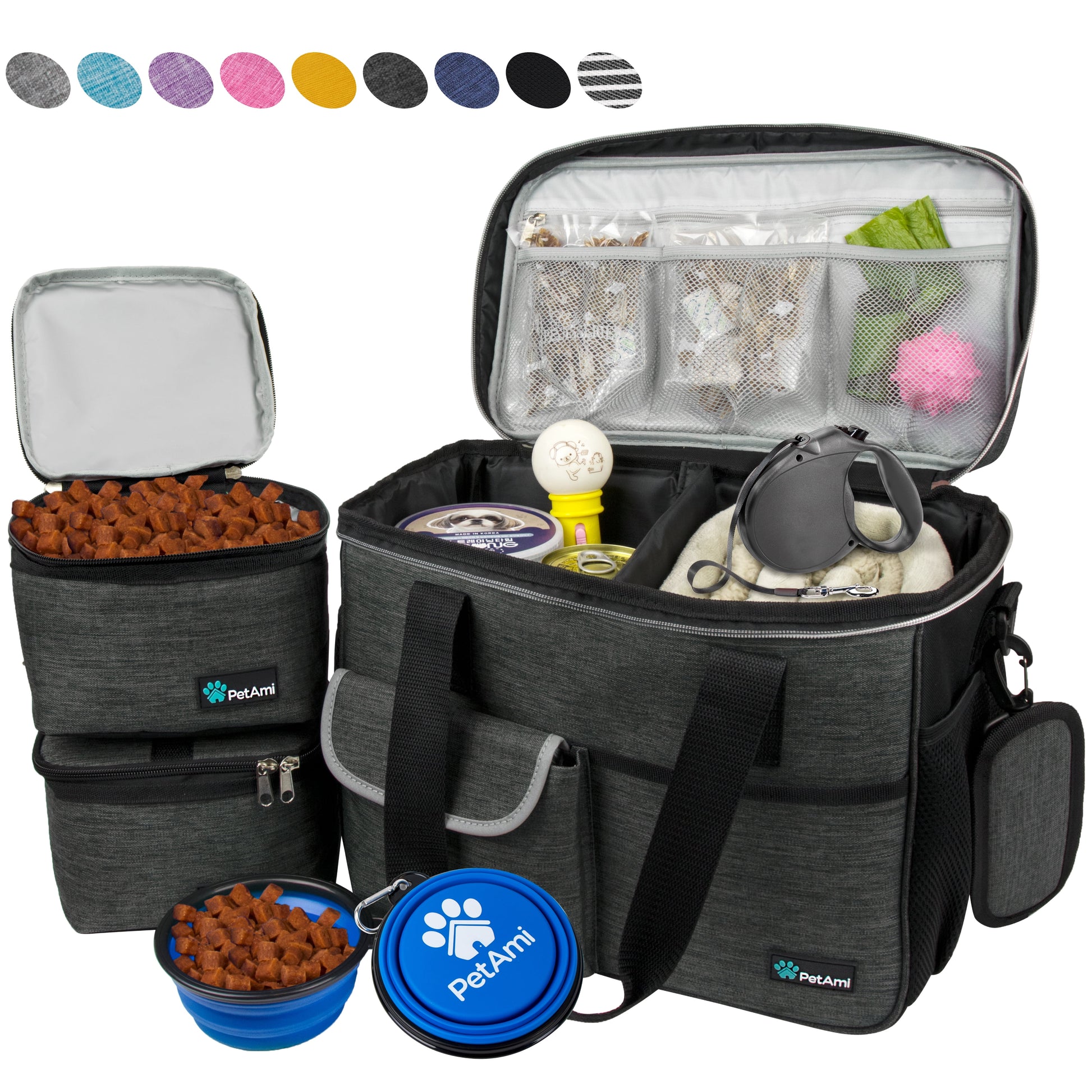 Petami Dog Travel Bag, Travel Pet Bag Organizer, Dog Food Travel Bag with Food Container and Bowls, Dog Travel Supplies Gift Accessories for Weekend Camping, Dog Cat Diaper Bag (Stripe Black, Large)