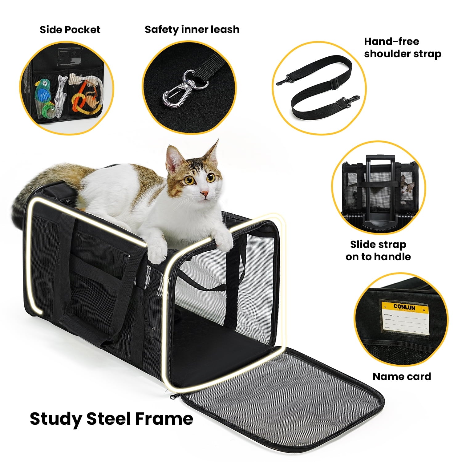 Conlun Cat Carrier,Soft-Sided Cat Carriers with 4-Sided Mesh,Airline Approved Pet Transport Carrier,Collapsible Cat Travel Carrier-Black