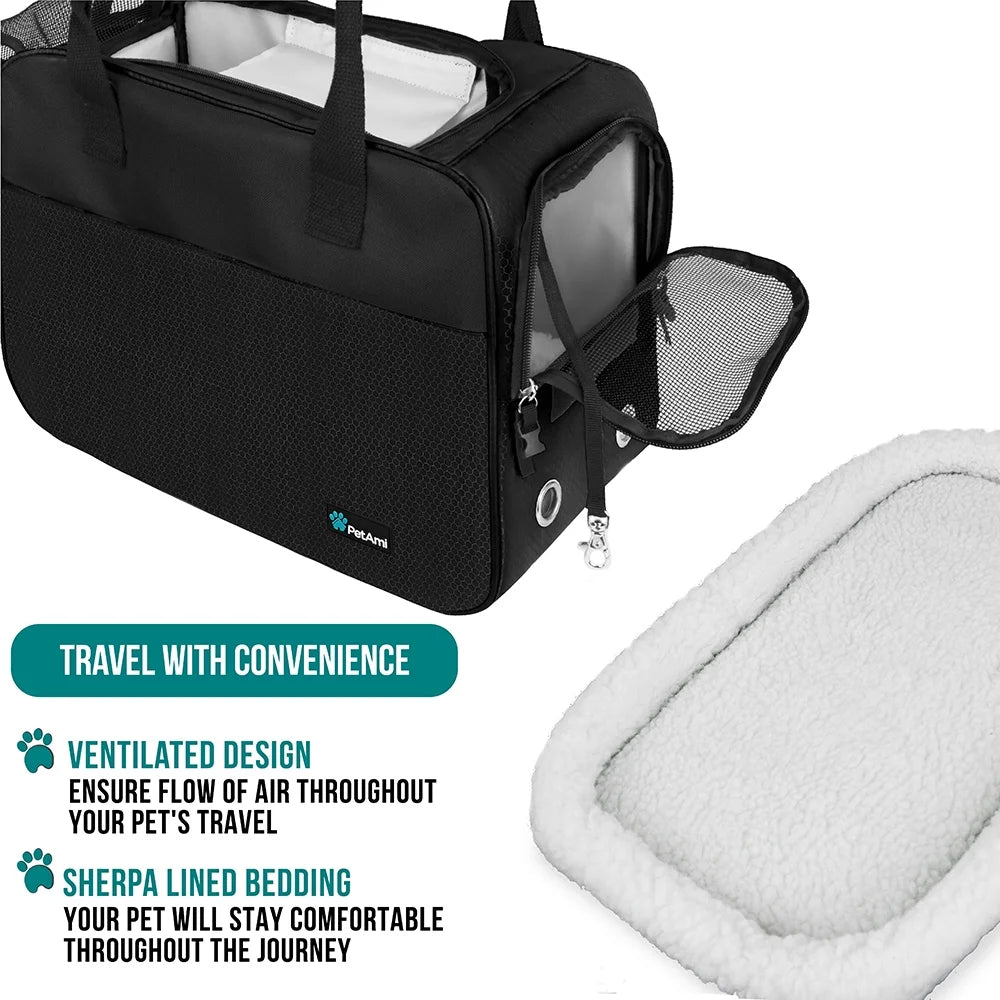 Petami Dog Purse Carrier for Small Dogs, Airline Approved Soft Sided Pet Carrier with Pockets, Ventilated Dog Carrying Bag Puppy Cat, Dog Travel Supplies Accessories Carry Tote Bag, Sherpa Bed, Black