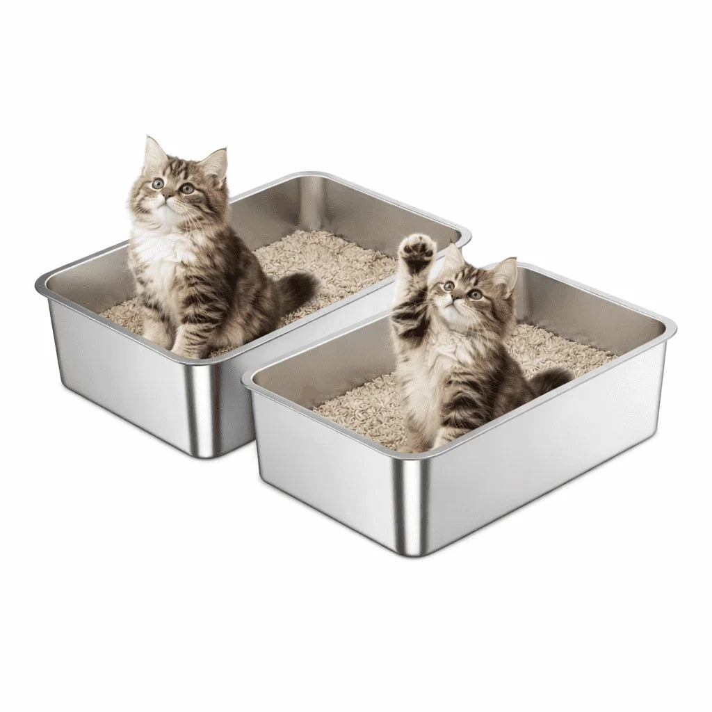 Stainless Steel Cat Litter Box, Bug Hull High Sided Metal Pan, Odor Control, Easy to Clean, 23.4" X 15.6" X 6"