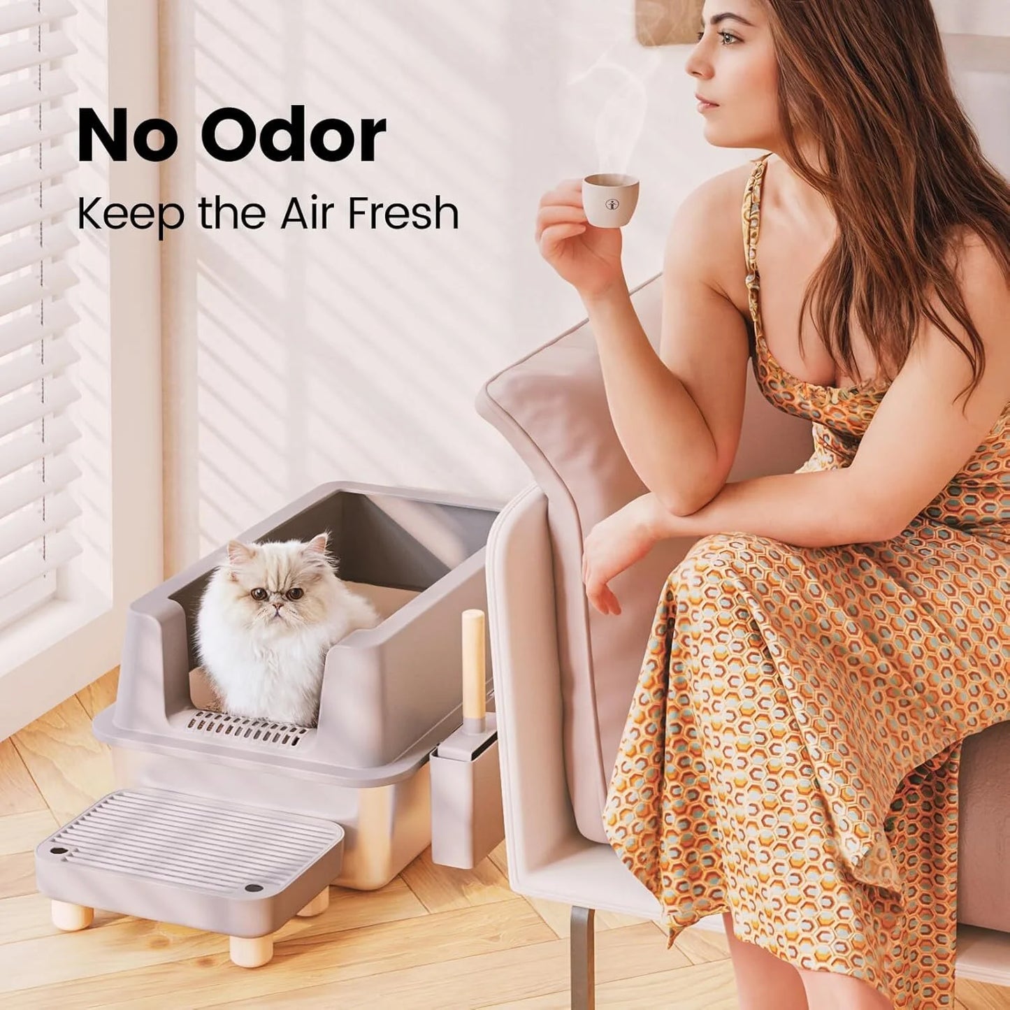 Gogcaro Enclosed Stainless Steel Cat Litter Box with Lid Extra Large Litter Box for Big Cats XL Metal Litter Pan Tray with High Wall Sides Enclosure, Non-Sticky, Anti-Leakage, Easy Cleaning