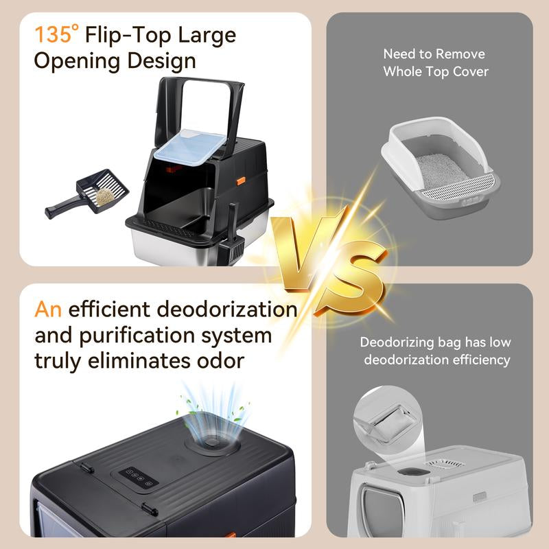 TOPYANGS Stainless Steel Cat Litter Box with Lid Extra-Large Metal Enclosed Cat Litter Box Flip-Top Design with Leak-Proof High Sides Plug-In Deodorizing Model the Perfect Gift for Large Cat Lovers Non-Stick Bottom Big Cat