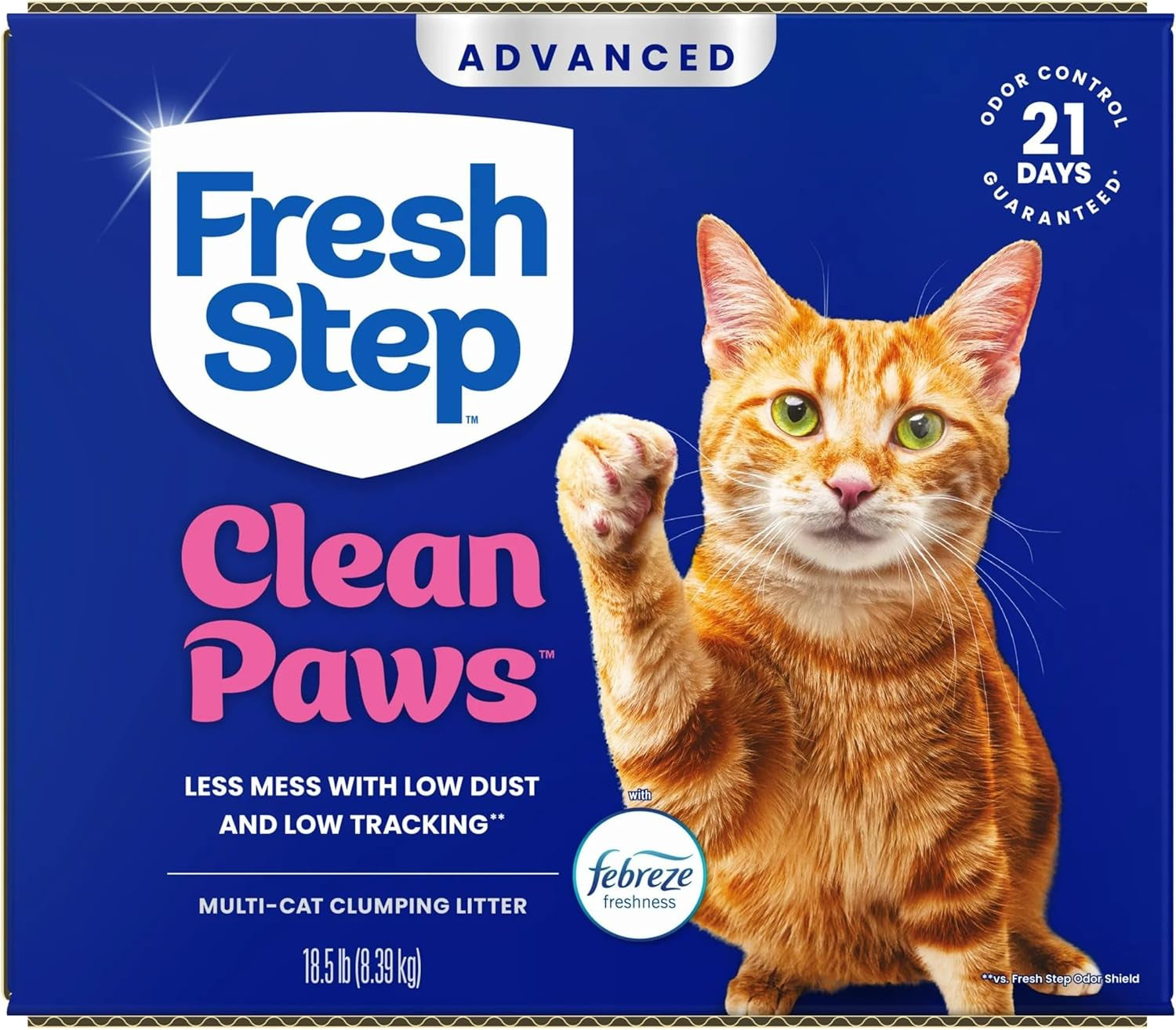 Fresh Step Clean Paws Advanced Multi Cat Clumping Litter with Febreze Freshness, 18.5 Lb Each, Pack of 2 (Package May Vary)