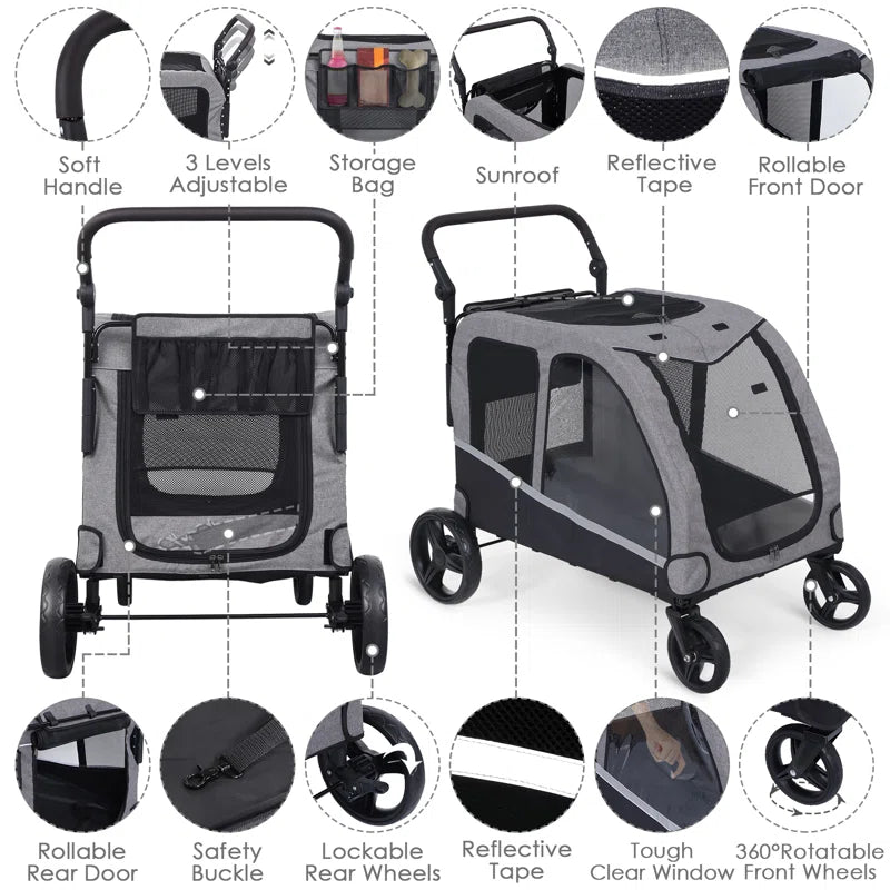 Stroller for Large Dogs, Extra Large Pet Stroller for Medium 2 Dogs, Dog Wagon, Dog Carriage, Foldable Design, Adjustable Handle