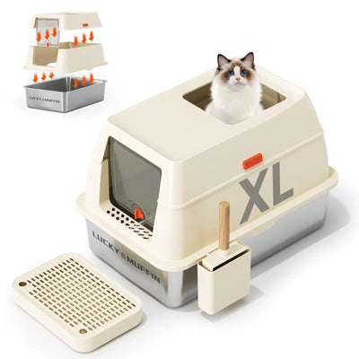 Lucky Muffin 3 in 1 Premium Stainless Steel Cat Litter Box with Removable Lid, XL Extra Large High-Sided Metal Box for Big Kitty with Scoop, Top Entry, Odor Control, Anti-Leakage, Non-Sticky & Easy Clean Fullyenclosed Litterbox