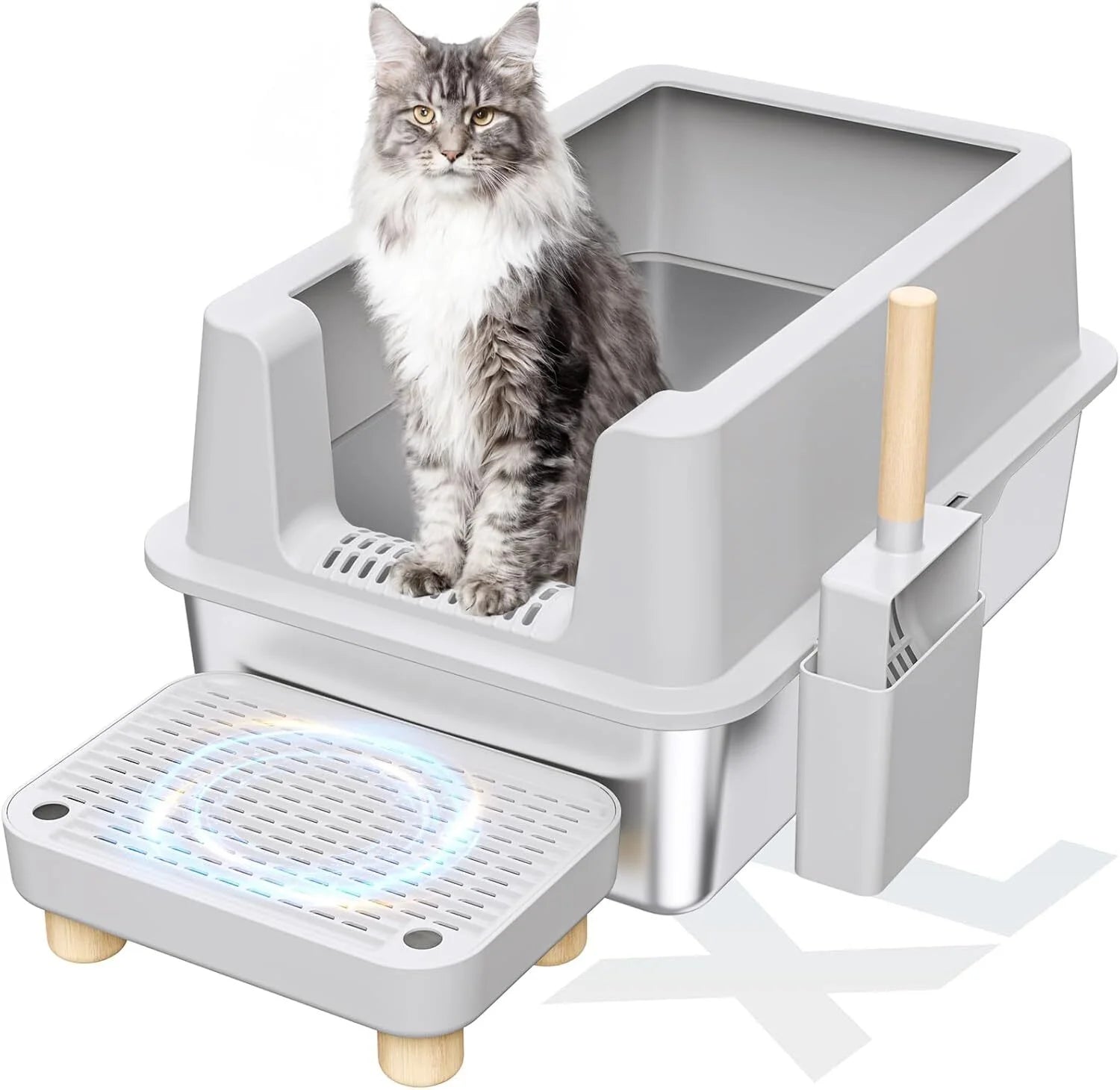 Gogcaro Enclosed Stainless Steel Cat Litter Box with Lid Extra Large Litter Box for Big Cats XL Metal Litter Pan Tray with High Wall Sides Enclosure, Non-Sticky, Anti-Leakage, Easy Cleaning