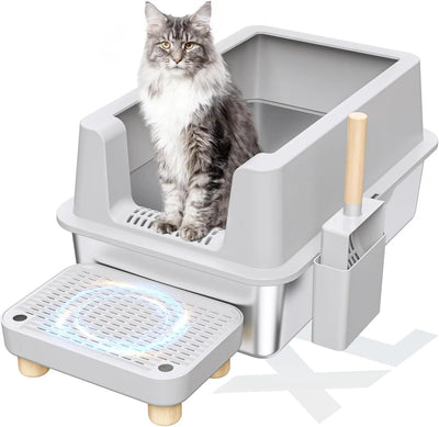Gogcaro Enclosed Stainless Steel Cat Litter Box with Lid Extra Large Litter Box for Big Cats XL Metal Litter Pan Tray with High Wall Sides Enclosure, Non-Sticky, Anti-Leakage, Easy Cleaning