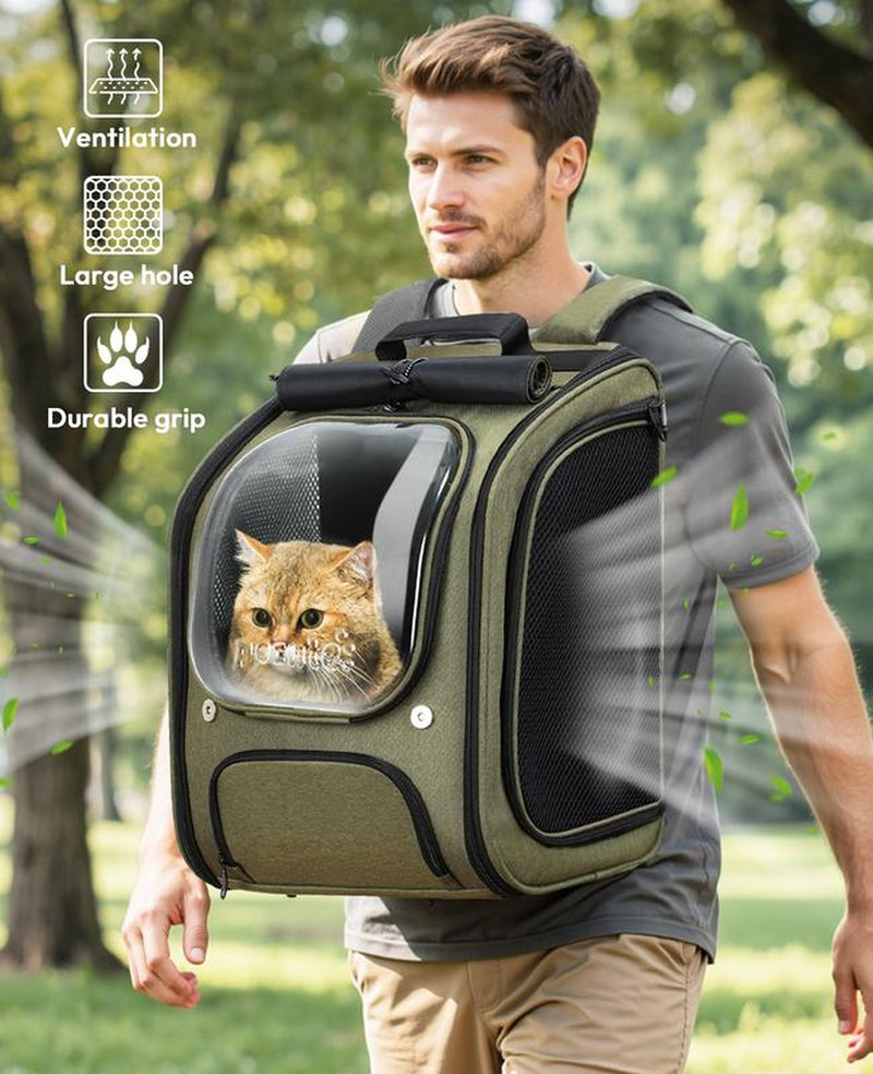 Pecute Cat Backpack Carrier Large Space Bubble Design for Travel Green Gray Khaki Ideal for Cat Lovers Animal Carrier