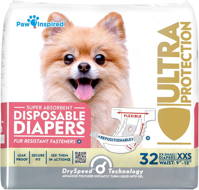 Paw Inspired 32Ct Disposable Dog Diapers | Female Dog Diapers Ultra Protection | Diapers for Dogs in Heat, Excitable Urination, or Incontinence (Medium)