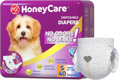 HONEY CARE All-Absorb Disposable Female Dog Diapers Small Size, Improved, 40 Count, Super Absorbent, Breathable, Wetness Indicator (Pack of 1, 40 Count Total)