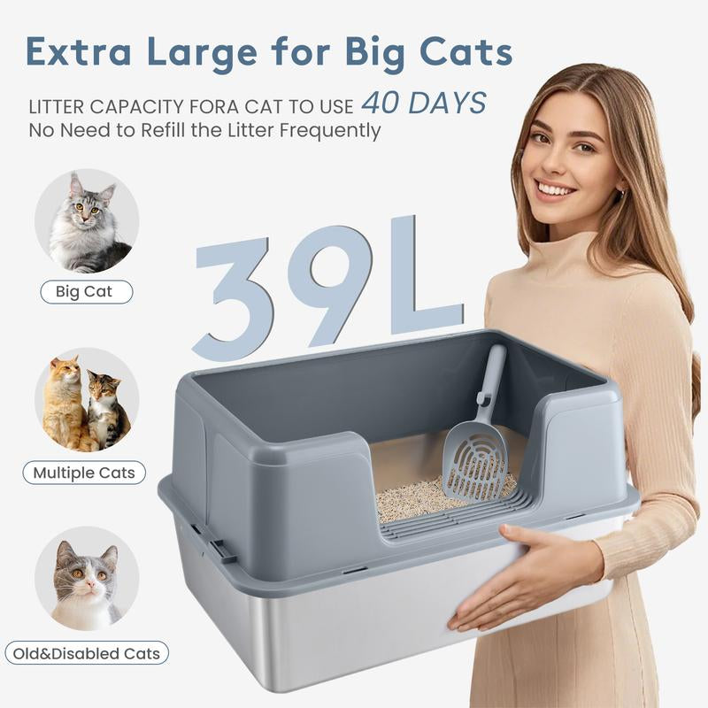 Wecharmer 39L Large Cat Litter Box with High Sides, Open Top, Includes Scoop, 23.6 X 15.8 X 12 Inches Clean