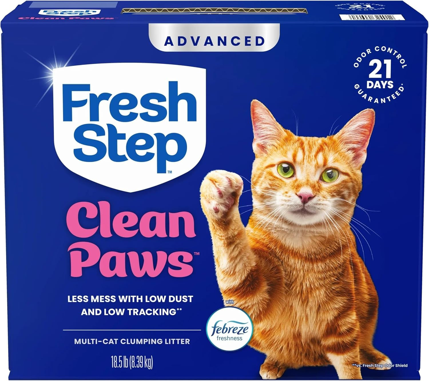 Fresh Step Clean Paws Advanced Multi Cat Clumping Litter with Febreze Freshness, 18.5 Lb Each, Pack of 2 (Package May Vary)
